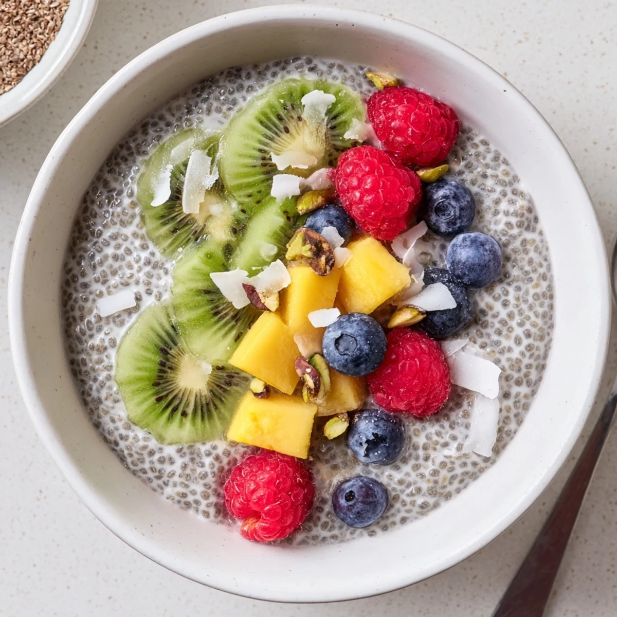 Silky Coconut Chia Pudding spoonful showing creamy texture and crunchy nuts