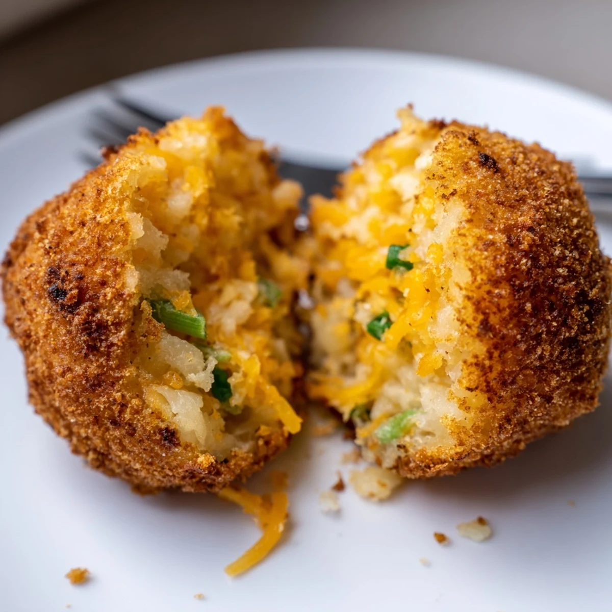 Golden Fried Mashed Potato Balls piled with melted cheddar, steam rising.