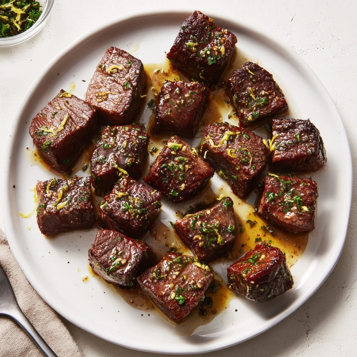 Cowboy Butter Steak Bites sizzling in skillet, garlic and herb butter coating