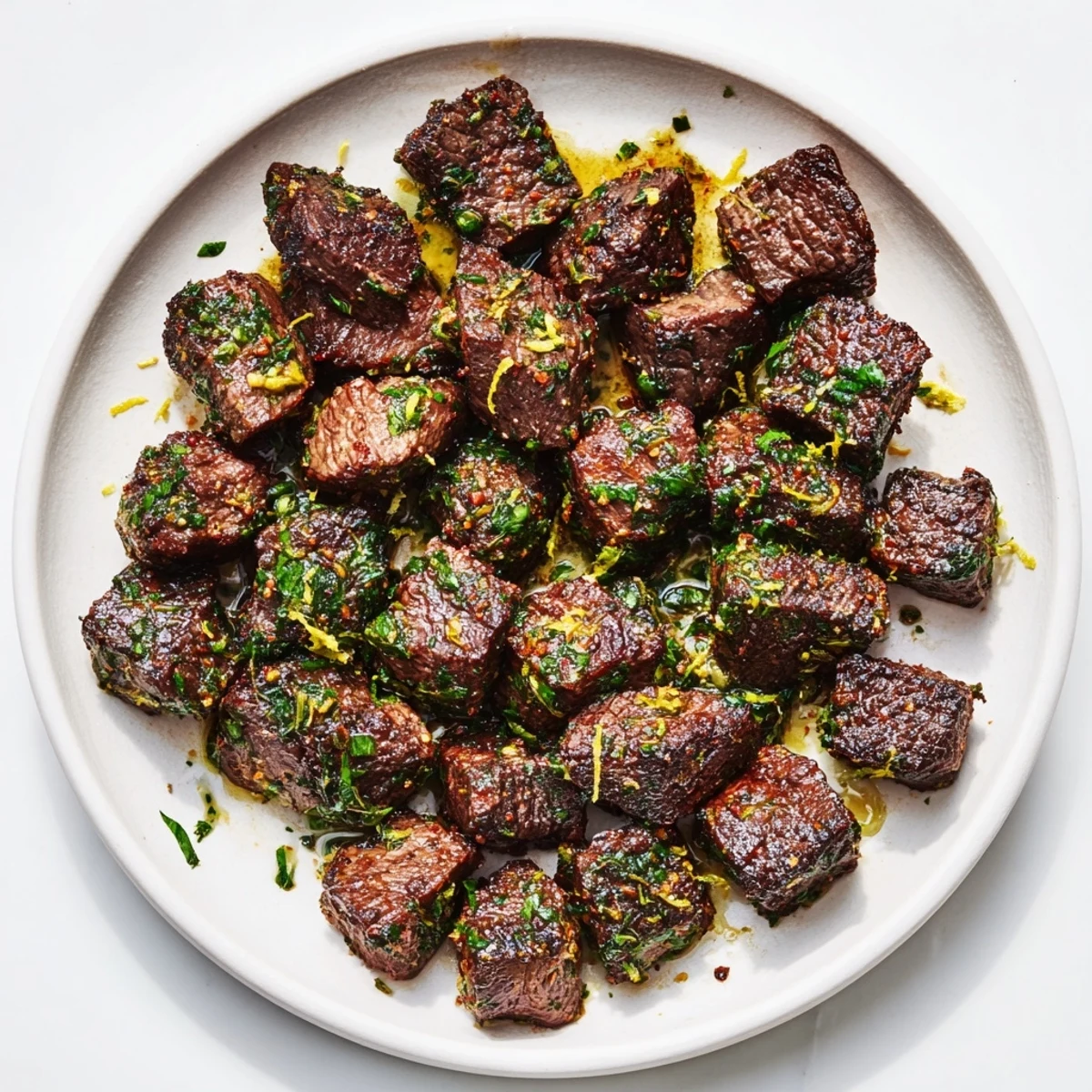 Plated Cowboy Butter Steak Bites with fresh herbs, perfect for sharing