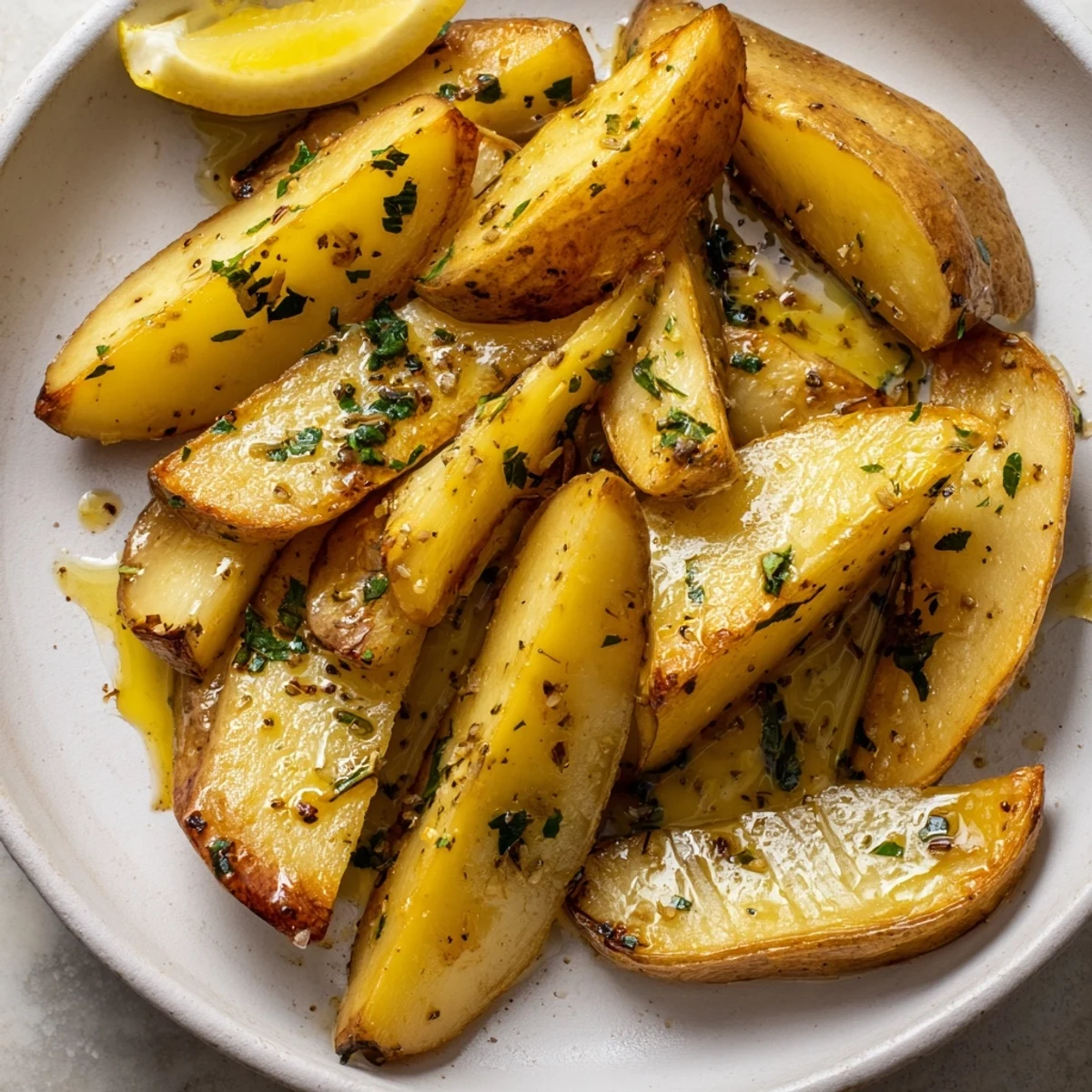 Oven-roasted Authentic Greek Lemon Potatoes Recipe served hot with lemon wedges.