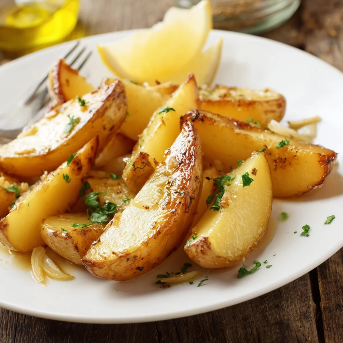 Authentic Greek Lemon Potatoes Recipe: golden wedges crisped, bright lemony aroma, parsley.
