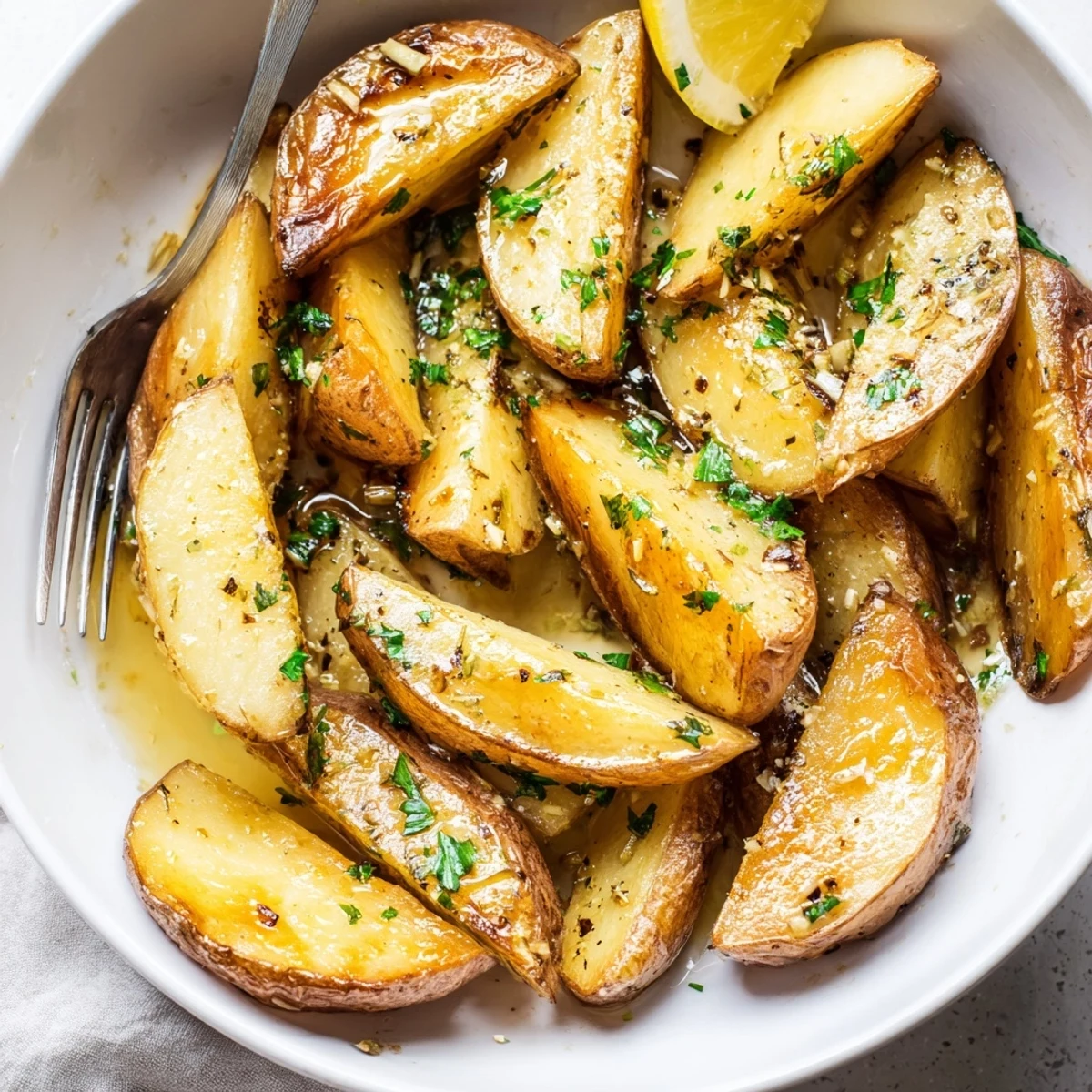 Herb-coated Authentic Greek Lemon Potatoes Recipe, tender inside, garlic-scented, perfect alongside lamb.