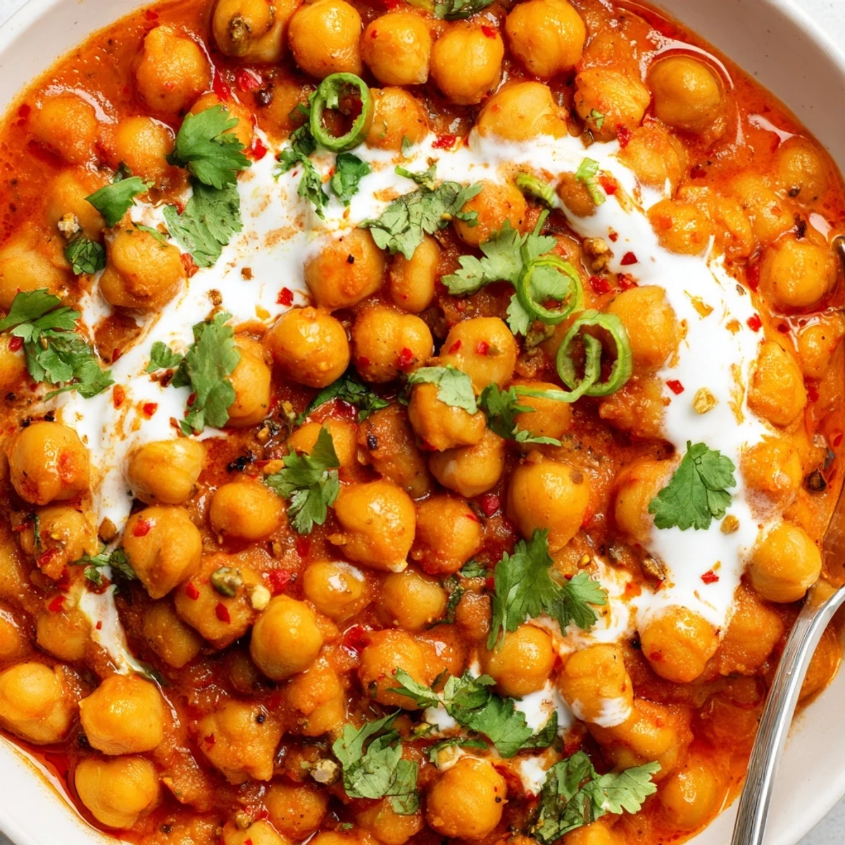 Creamy Greek Yogurt Chickpea Curry steaming over rice, cilantro garnish visible