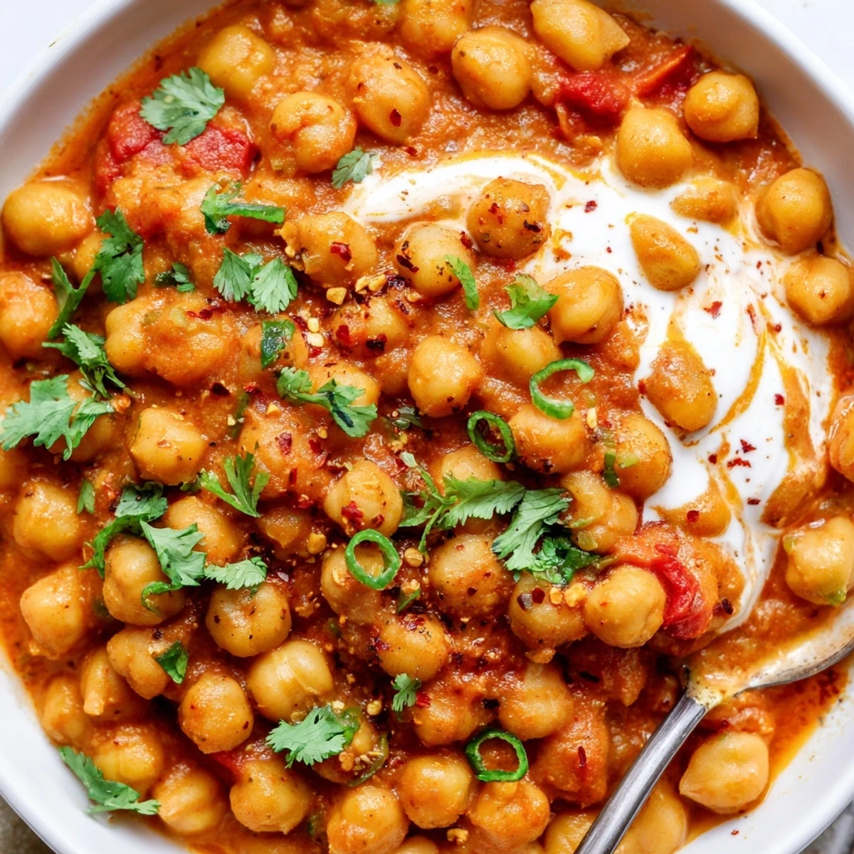 Warm Greek Yogurt Chickpea Curry with tender chickpeas and spiced tomato sauce