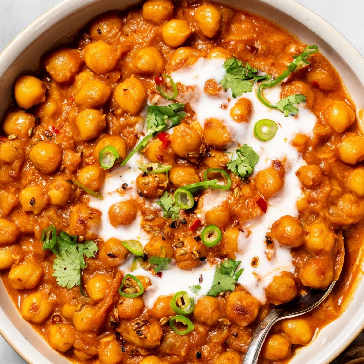 Hearty Greek Yogurt Chickpea Curry spoonful showing creamy texture, bright green chili