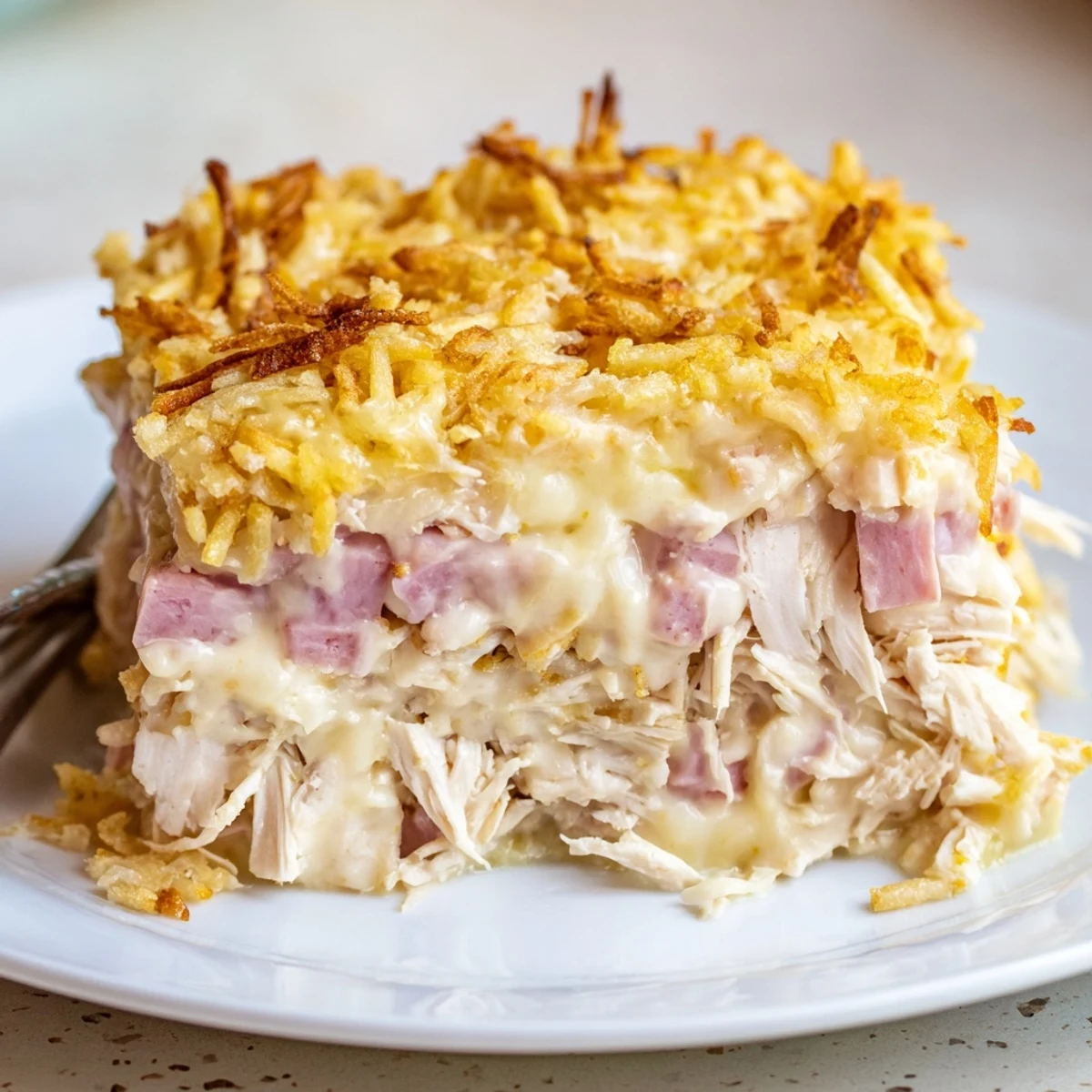Creamy Chicken Cordon Bleu Casserole steaming in dish, perfect with green salad