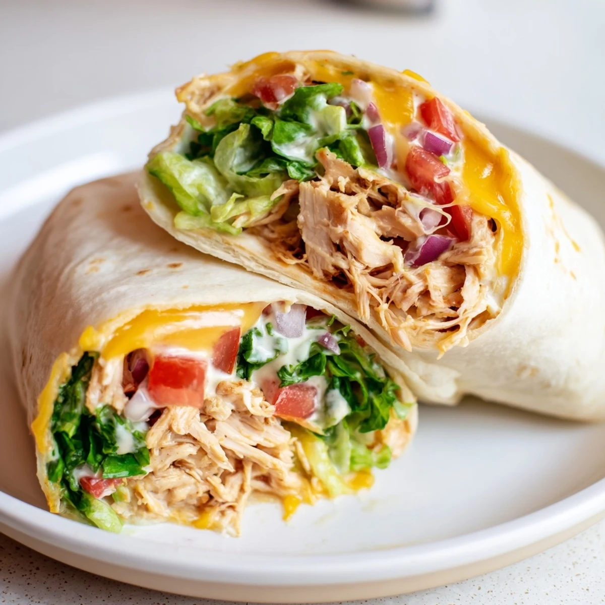 Cheesy Garlic Chicken Wraps steaming on a plate, melted cheese oozing  