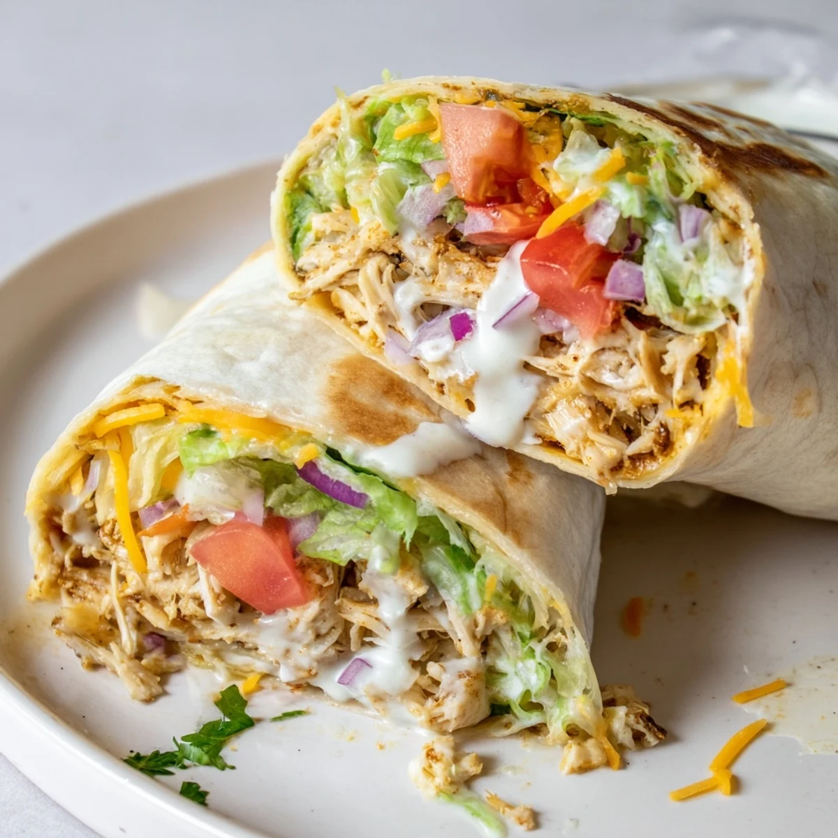 Warm Cheesy Garlic Chicken Wraps sliced in halves, crisp tortilla and vibrant tomato  