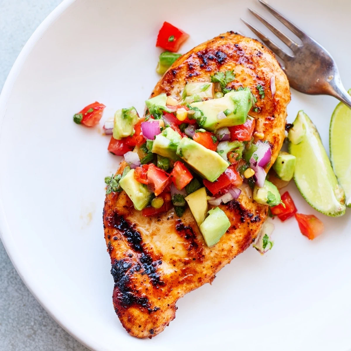 Grilled Fiesta Lime Chicken With Avocado, charred edges, creamy salsa  