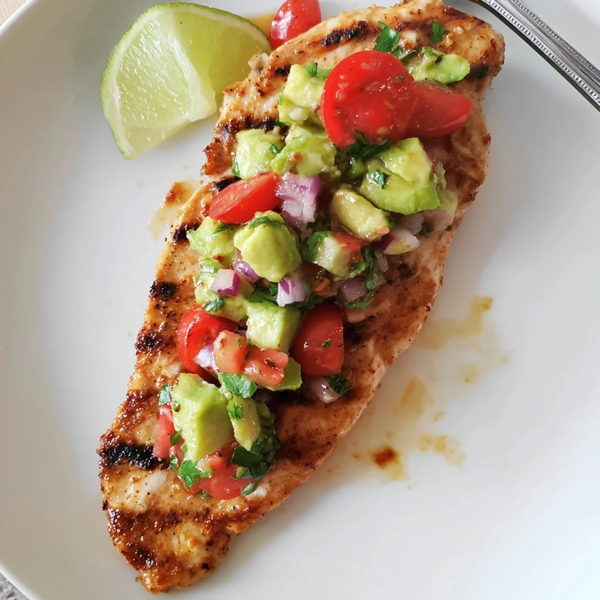 Pan-seared Fiesta Lime Chicken With Avocado topped with melted Monterey Jack  