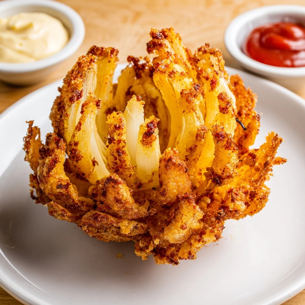Crispy Mini Bloomin Onions Recipe golden, crunchy petals fried and served with sauce