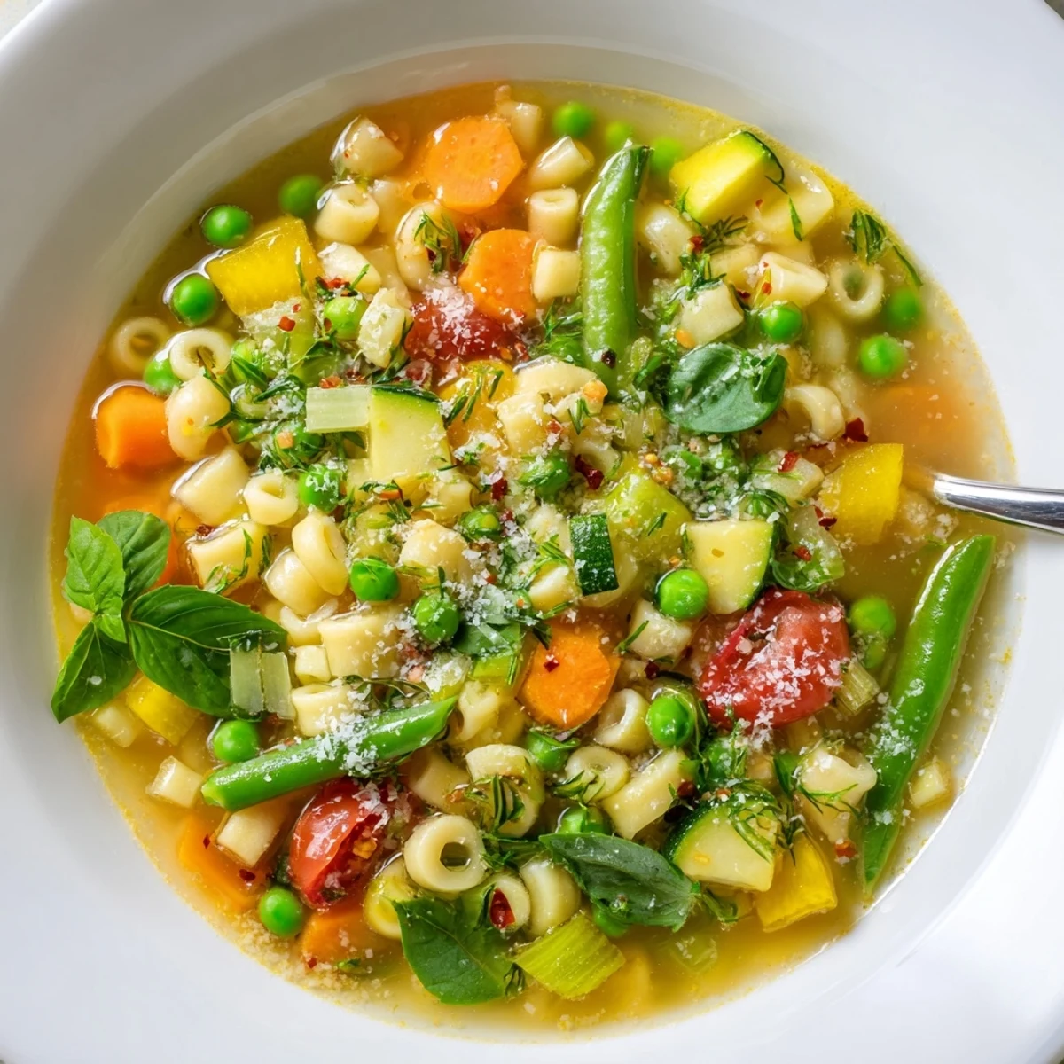 Spring Minestrone Soup Recipe steaming in bowl, tender pasta and fresh herbs.