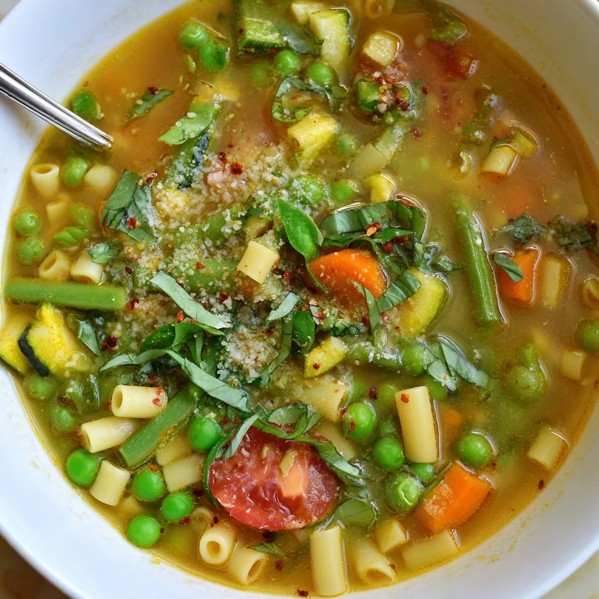 Aromatic Spring Minestrone Soup Recipe brimming with spring vegetables and crusty bread.