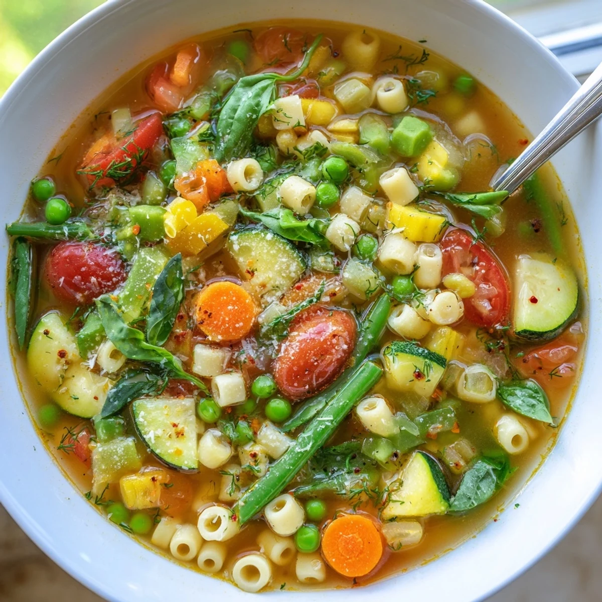 Bright Spring Minestrone Soup Recipe ladled hot, fragrant basil and grated Parmesan.