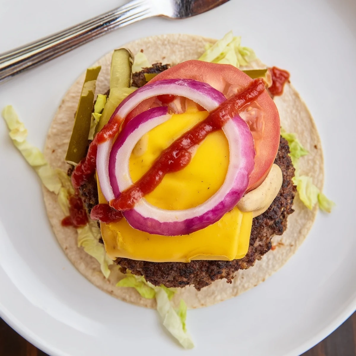 Folded Smash Burger Tacos bursting with pickles, tomato, and creamy burger sauce