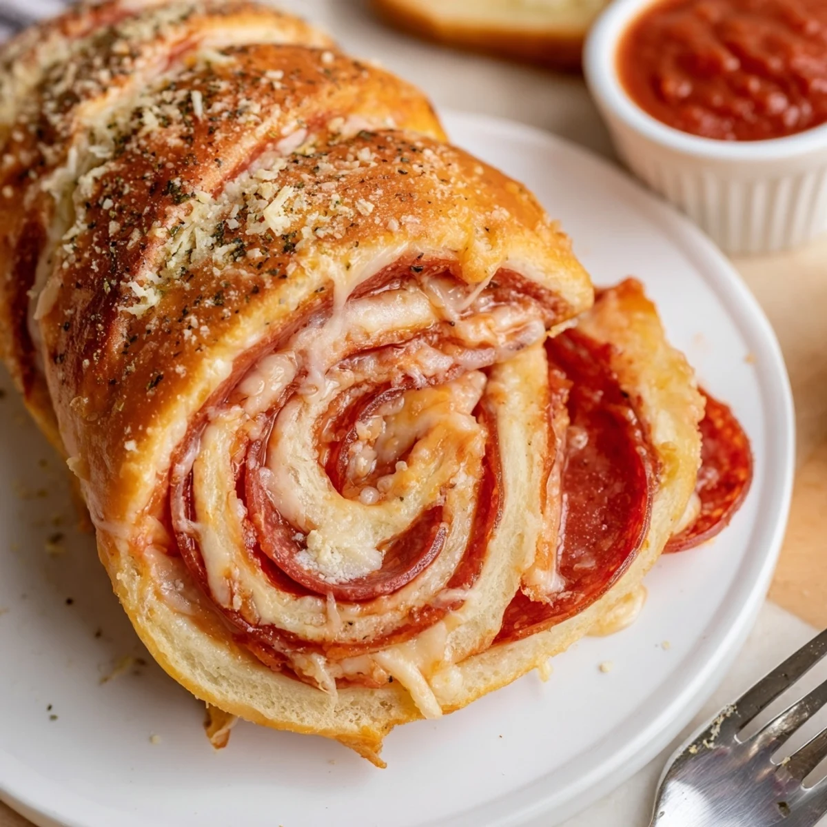 Warm Pepperoni Pizza Roll Breadsticks recipe: golden edges, gooey mozzarella, marinara dip