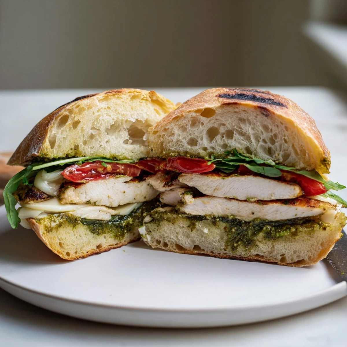 Chicken Pesto Sandwich with grilled golden chicken, melted mozzarella, ripe tomato