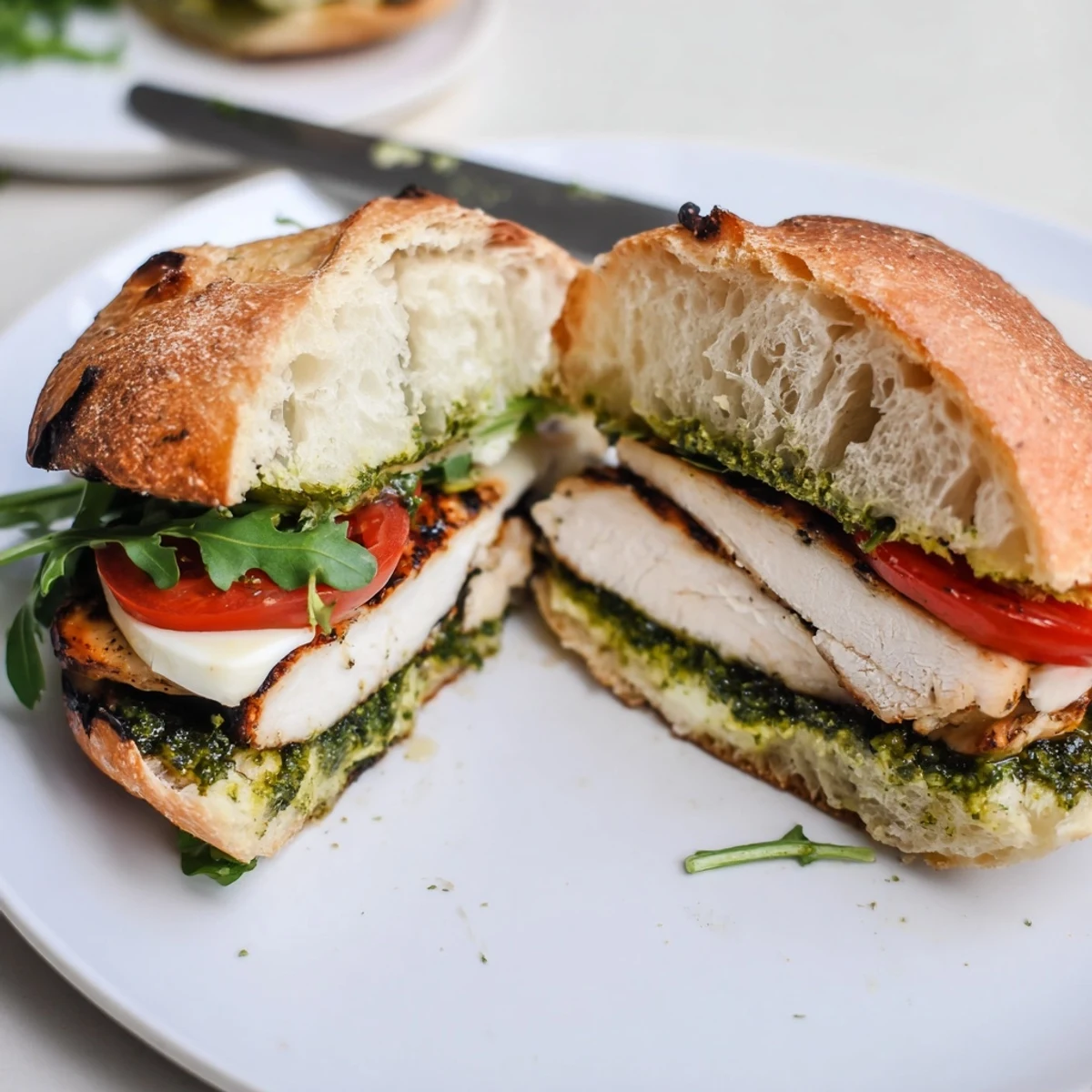 Warm Chicken Pesto Sandwich on toasted ciabatta, peppery arugula, savory bite