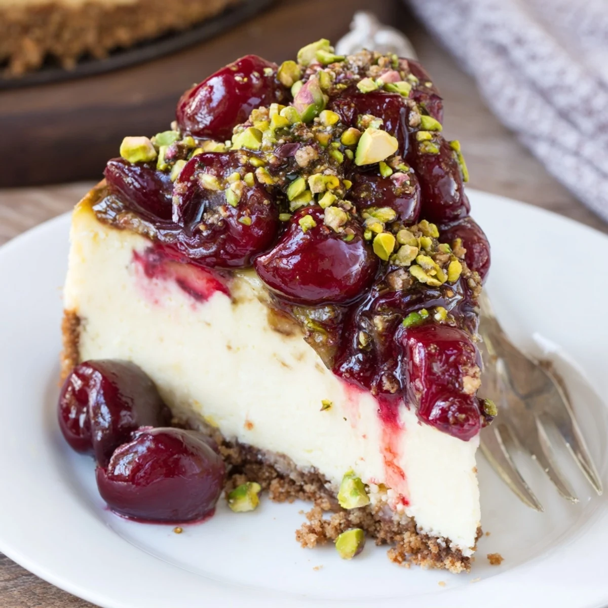 Lemon Lime Cherry Pistachio Cheesecake topped with glossy cherries and crushed pistachios