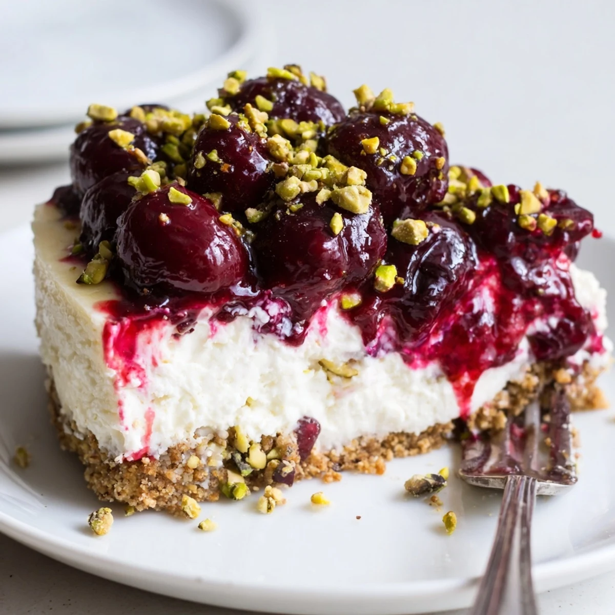 Chilled Lemon Lime Cherry Pistachio Cheesecake on a plate, ready to serve