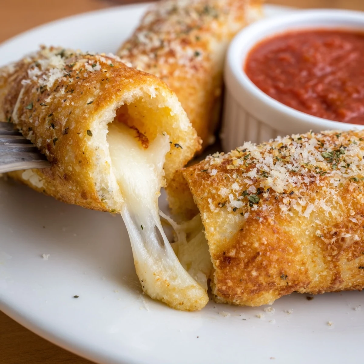 Oven-baked Crispy Cheesy Roll Ups, buttery exterior, perfect party appetizer with dip