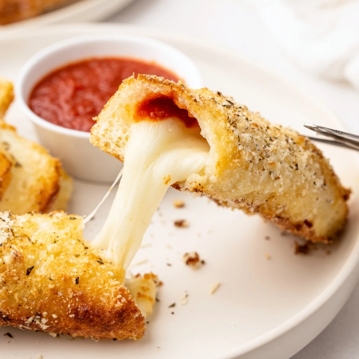 Warm Crispy Cheesy Roll Ups served with marinara, bubbling cheese and herbs