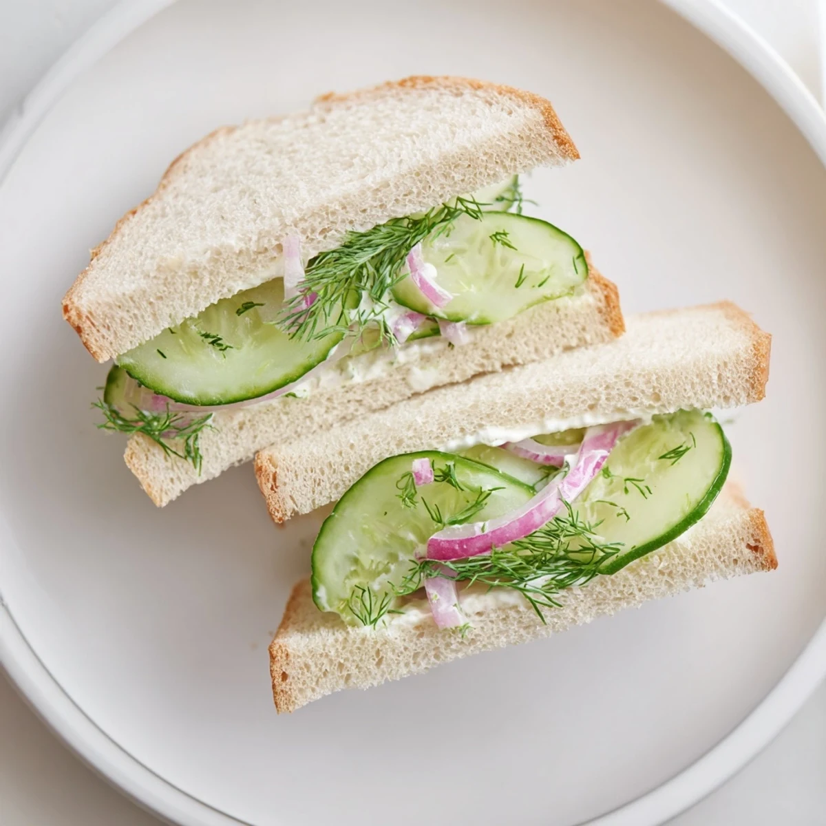 Buttered bread holding Quick Cucumber Salad Sandwiches, crisp cucumber and fresh dill