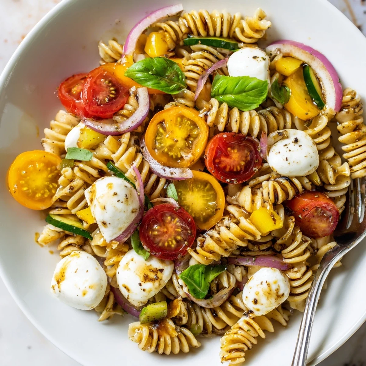 Glistening Colorful Caprese Pasta Salad with basil, balsamic, and ripe tomatoes.