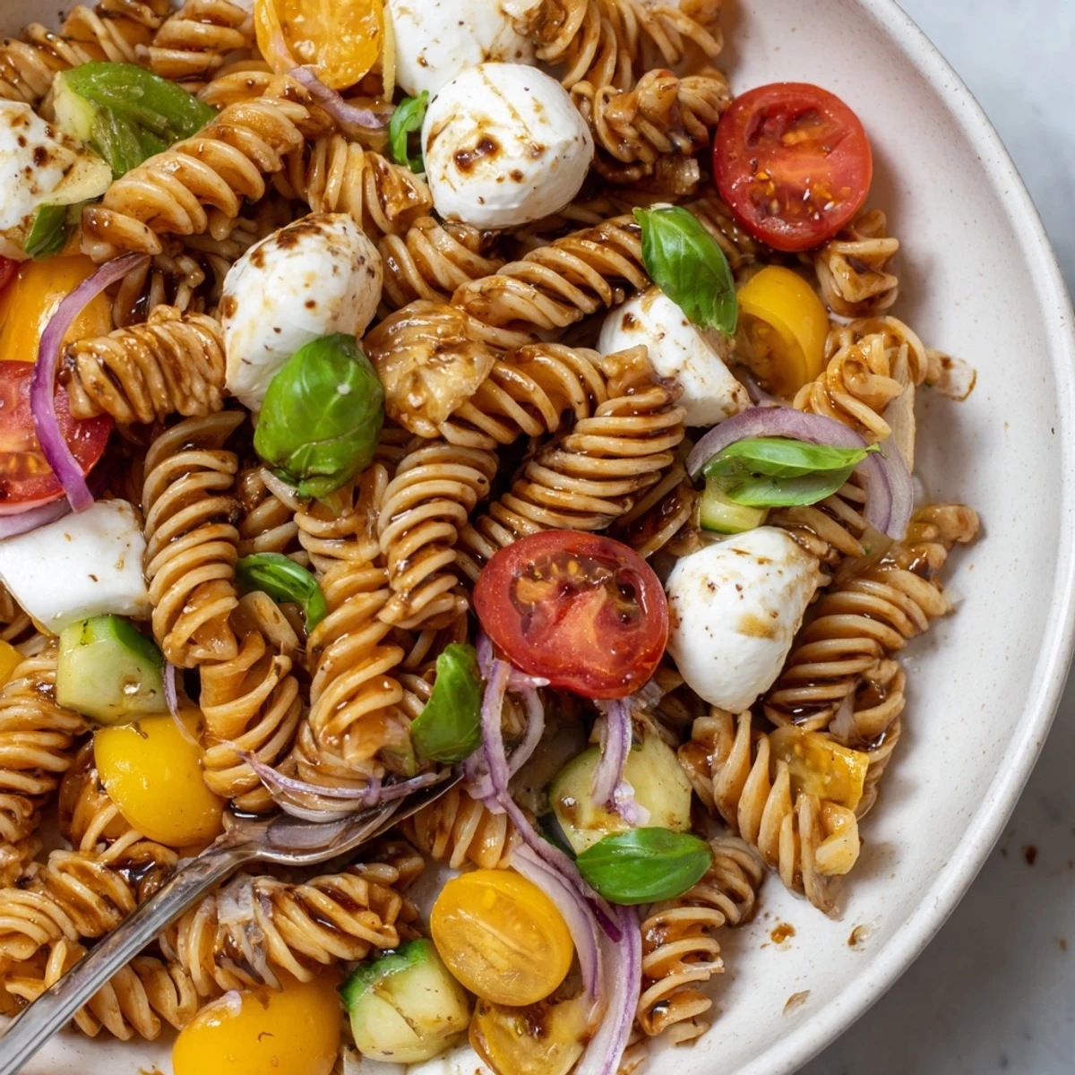 Colorful Caprese Pasta Salad served chilled with creamy mozzarella and crunchy cucumber.