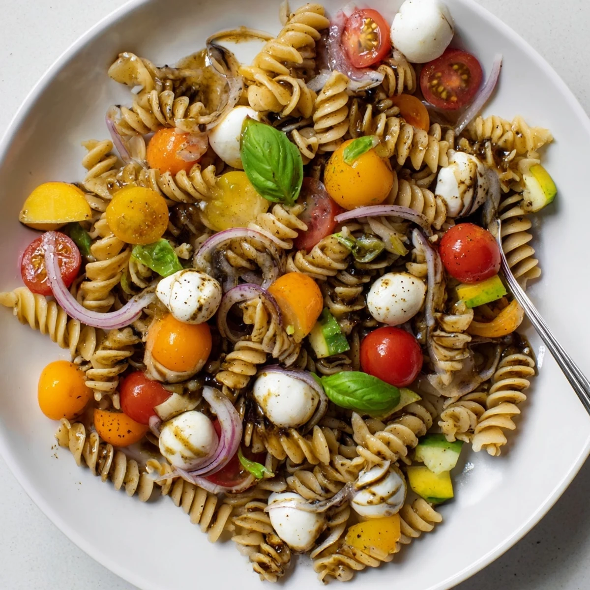 Bowl of Colorful Caprese Pasta Salad tossed in zesty garlic-balsamic vinaigrette.