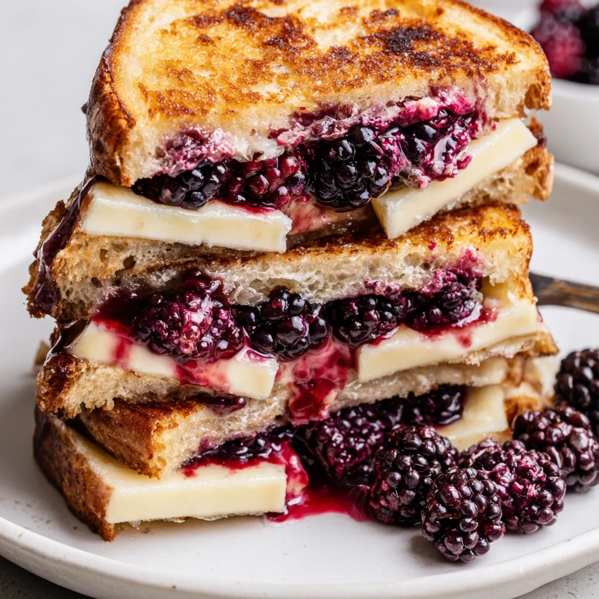 Warm, skillet-seared Blackberry Balsamic and Brie Grilled Cheese drizzled with balsamic reduction
