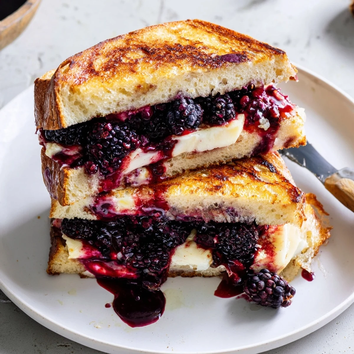 Toasted slices featuring Blackberry Balsamic and Brie Grilled Cheese, served halved on board