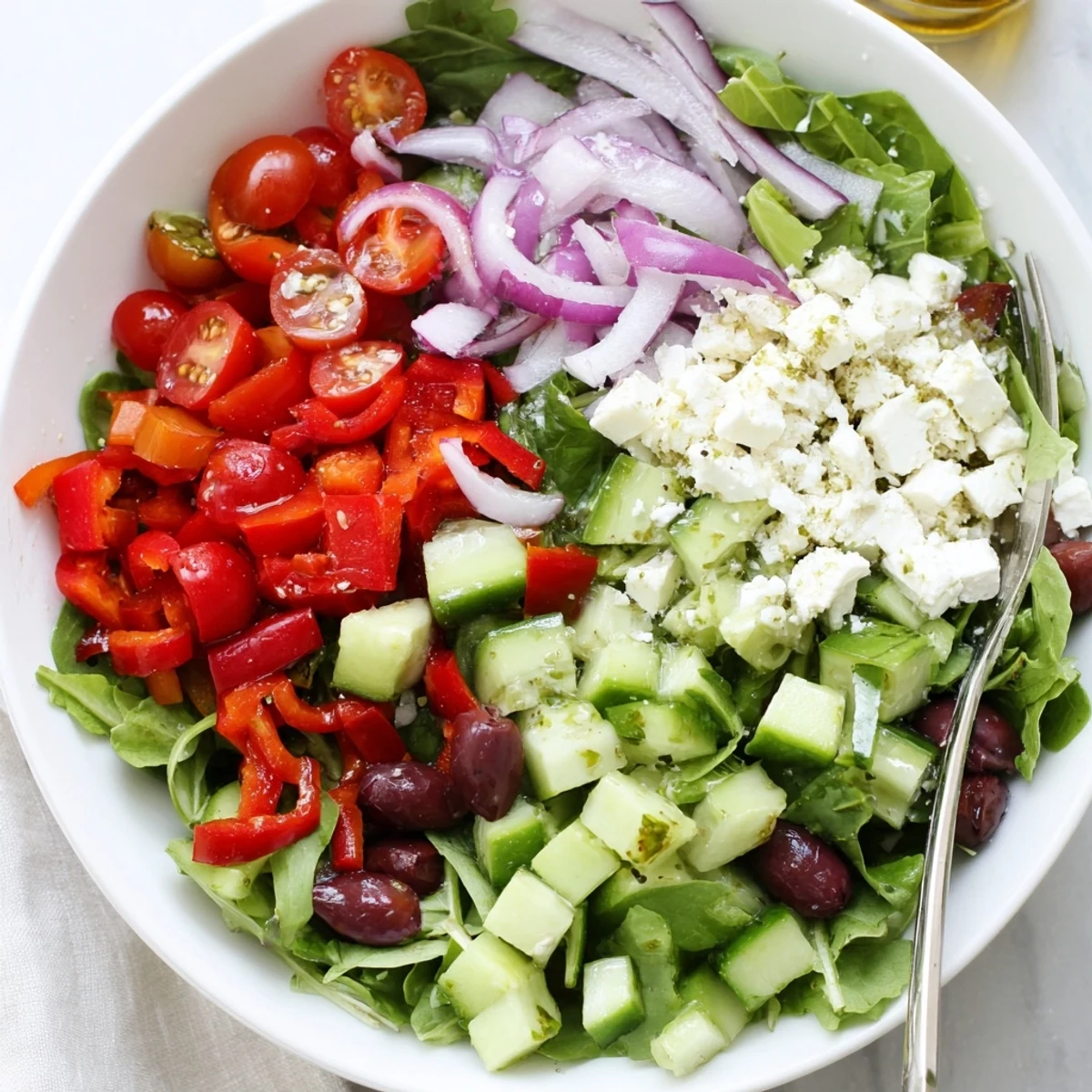 Colorful Fresh Salad Recipe served in a bowl with crunchy cucumbers.