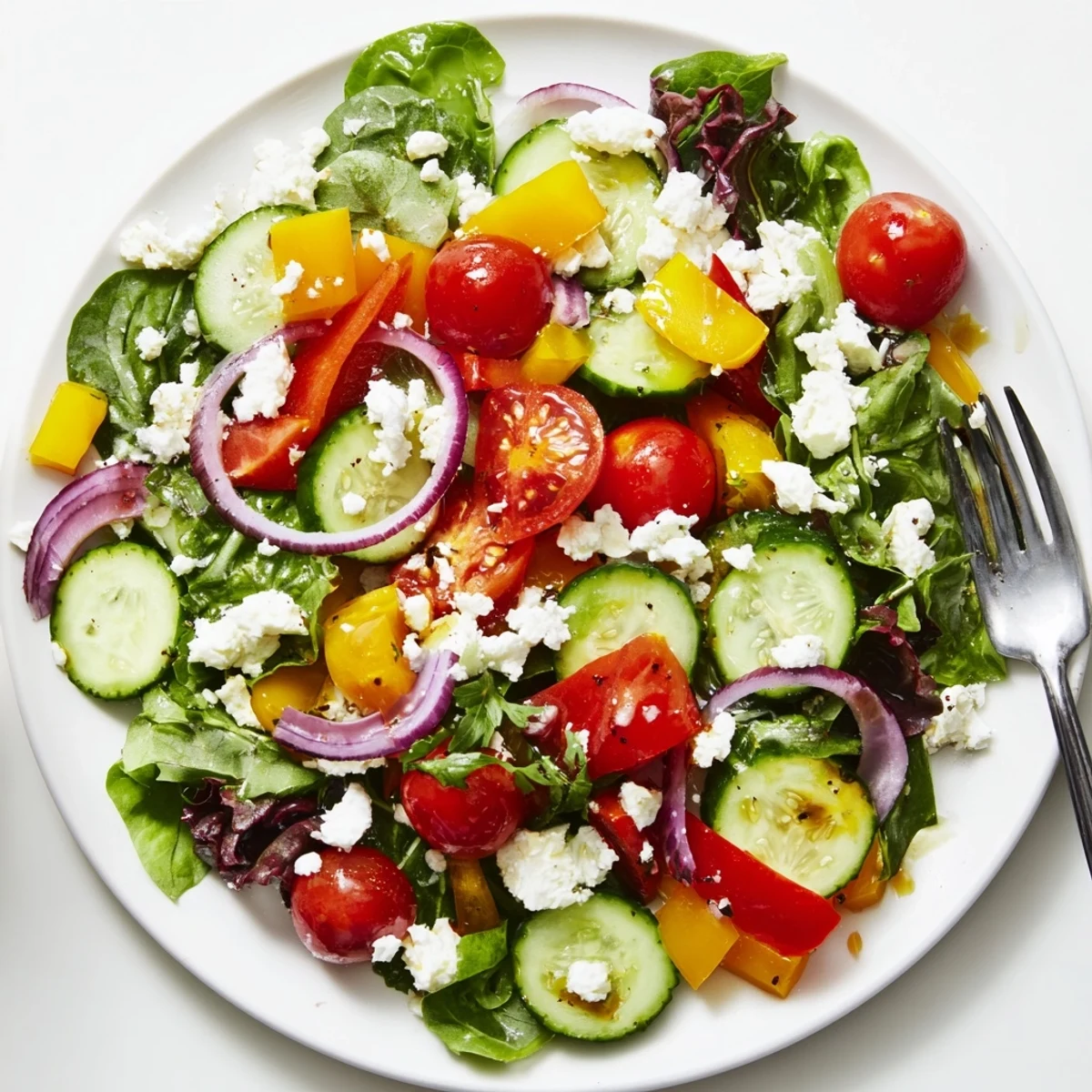 Fresh Salad Recipe: crisp greens, juicy cherry tomatoes, tossed in lemon dressing.