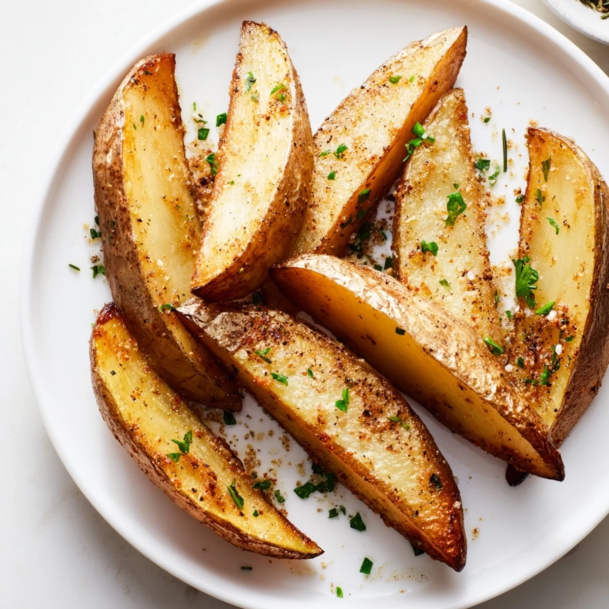 Crisp-skinned Potato Wedges on parchment-lined baking sheet, sprinkled with fresh parsley