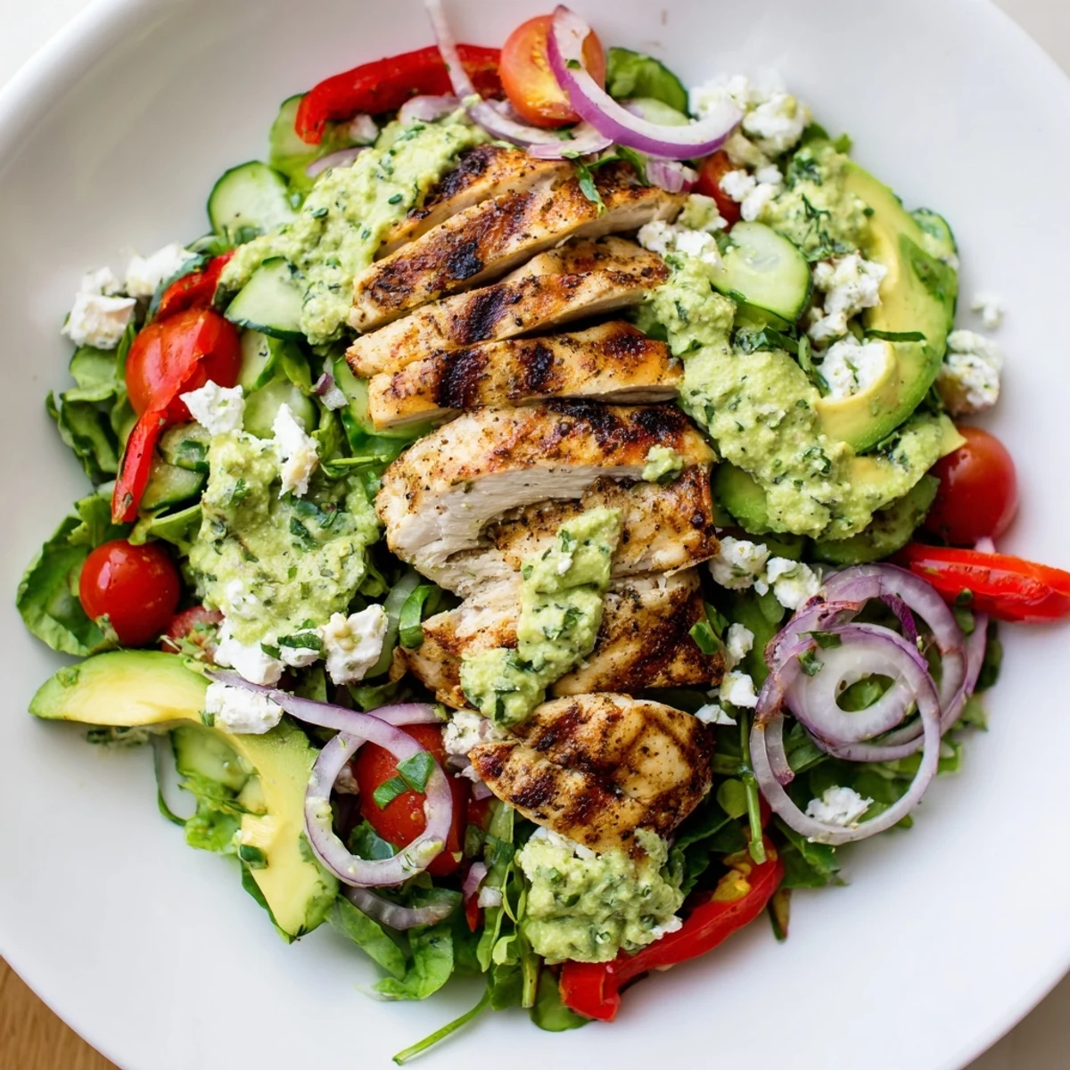 Grilled Chicken Salad Avocado Herb Dressing Recipe with charred chicken, creamy herb-lime dressing.
