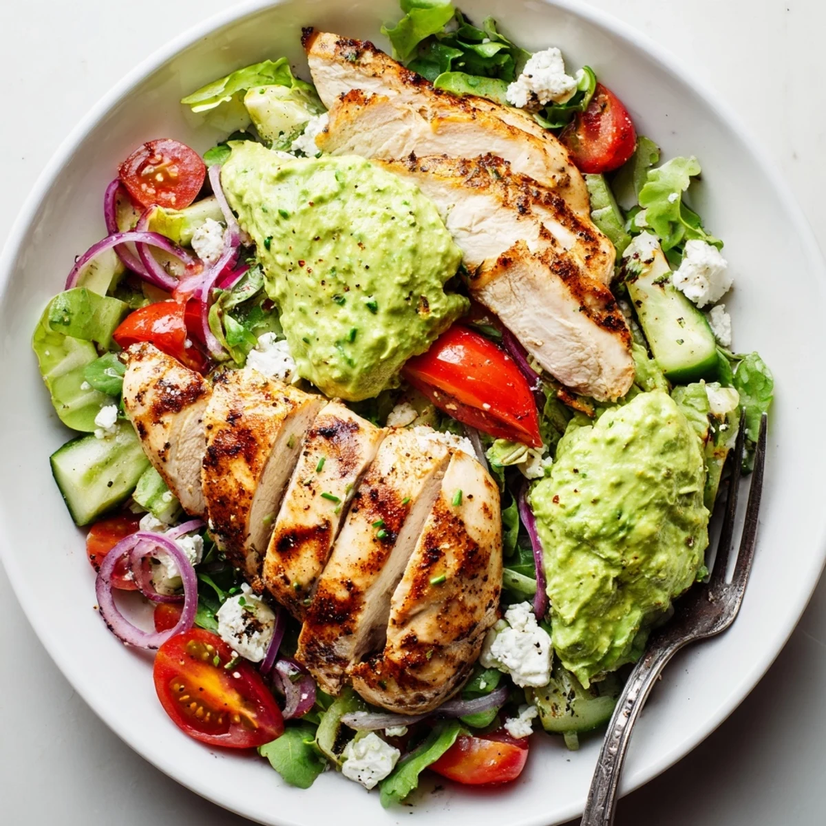 Bright Grilled Chicken Salad Avocado Herb Dressing Recipe served over crisp mixed greens for lunch.