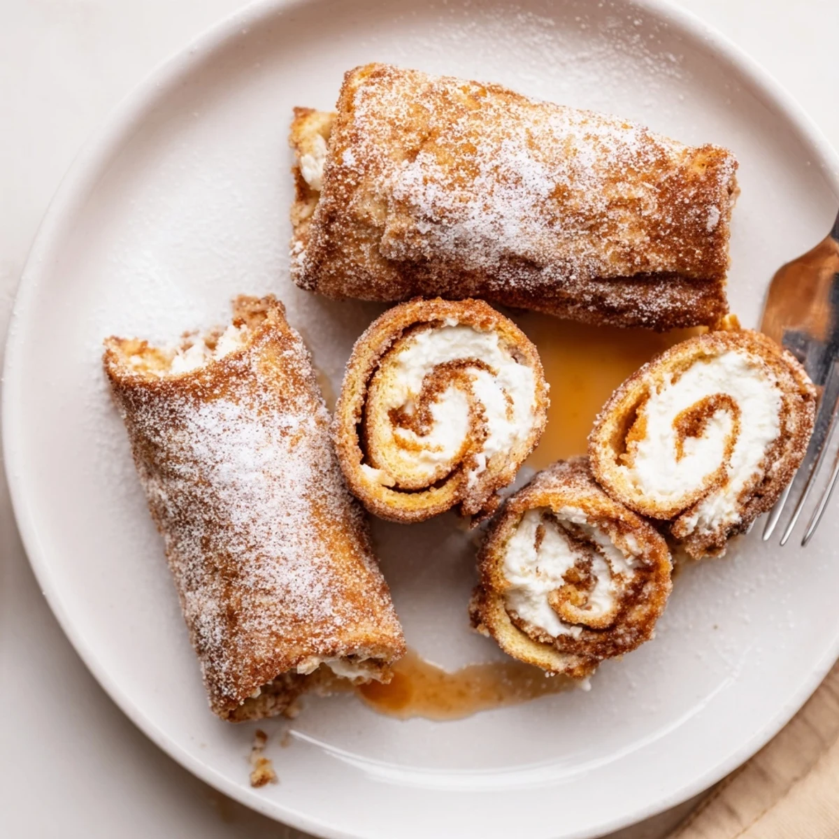 Cinnamon Roll French Toast Roll Ups warm, golden, cinnamon-sugar crust, pillowy center.