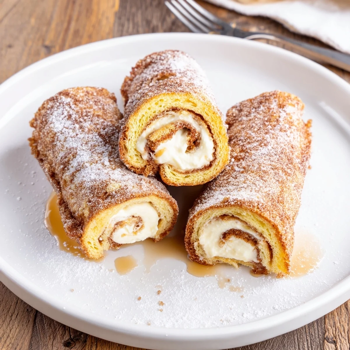 Warm Cinnamon Roll French Toast Roll Ups served with maple syrup and powdered sugar.