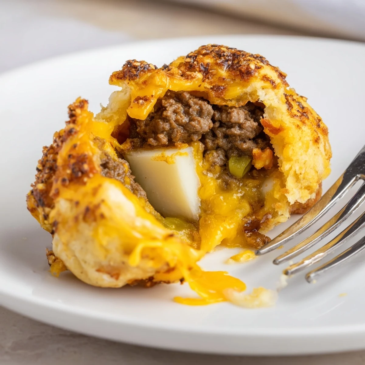 Golden biscuit wrapped Cheesy Cheeseburger Bombs Explosion Recipe oozing melted cheddar, sesame topped.