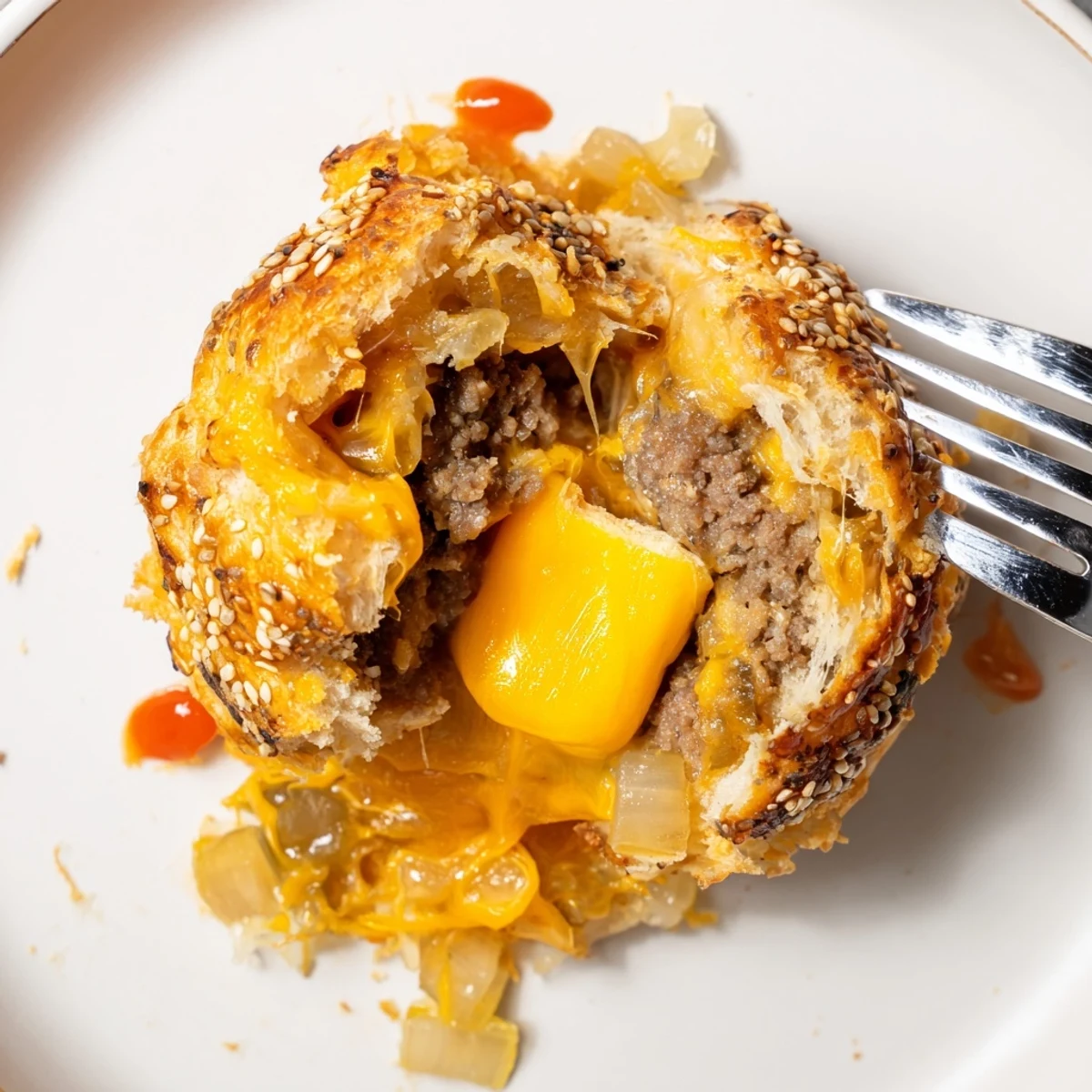 Cheesy Cheeseburger Bombs Explosion Recipe on baking sheet, steaming, ready to dip.