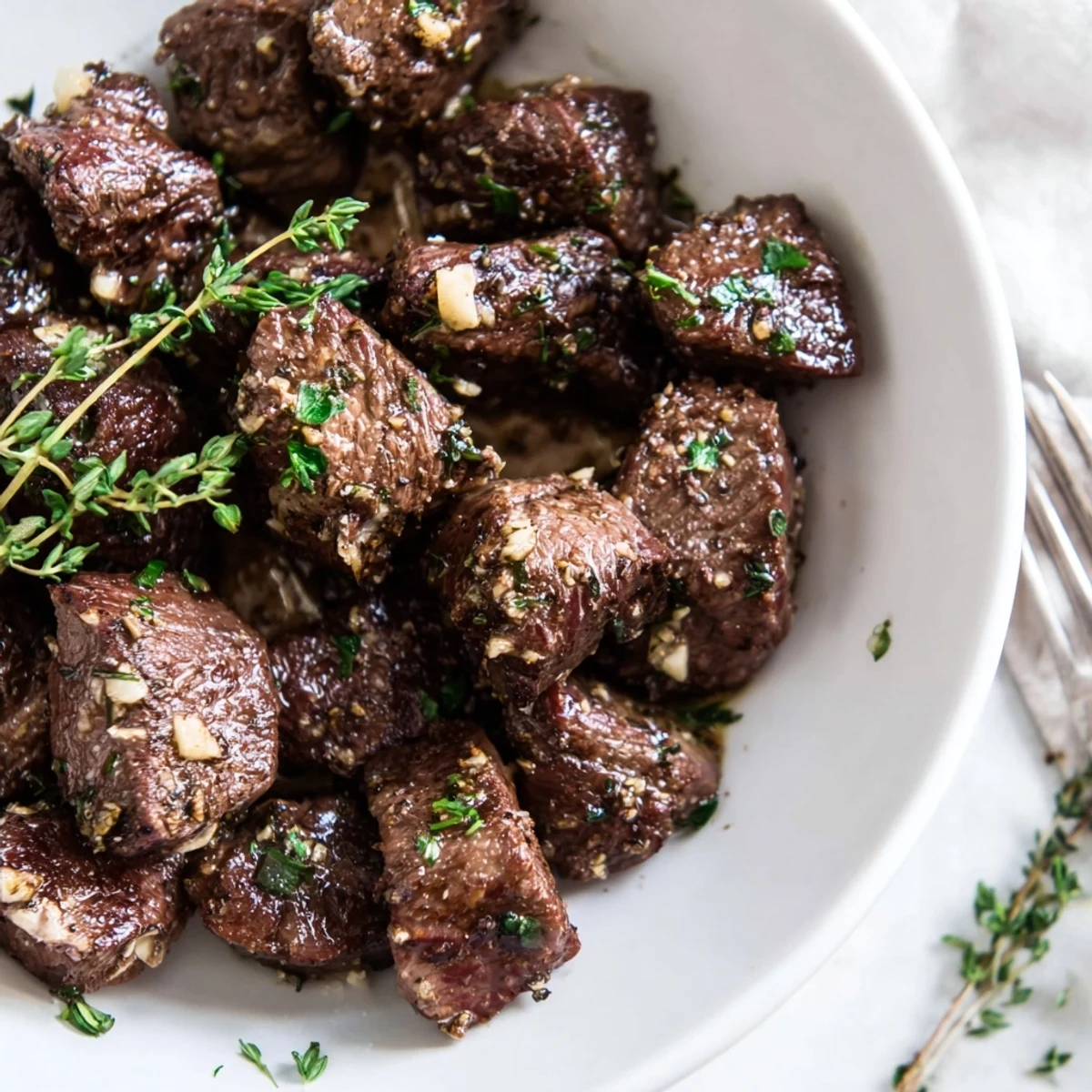 Garlic Butter Steak Bites sizzling in a cast iron skillet, glossy butter glaze