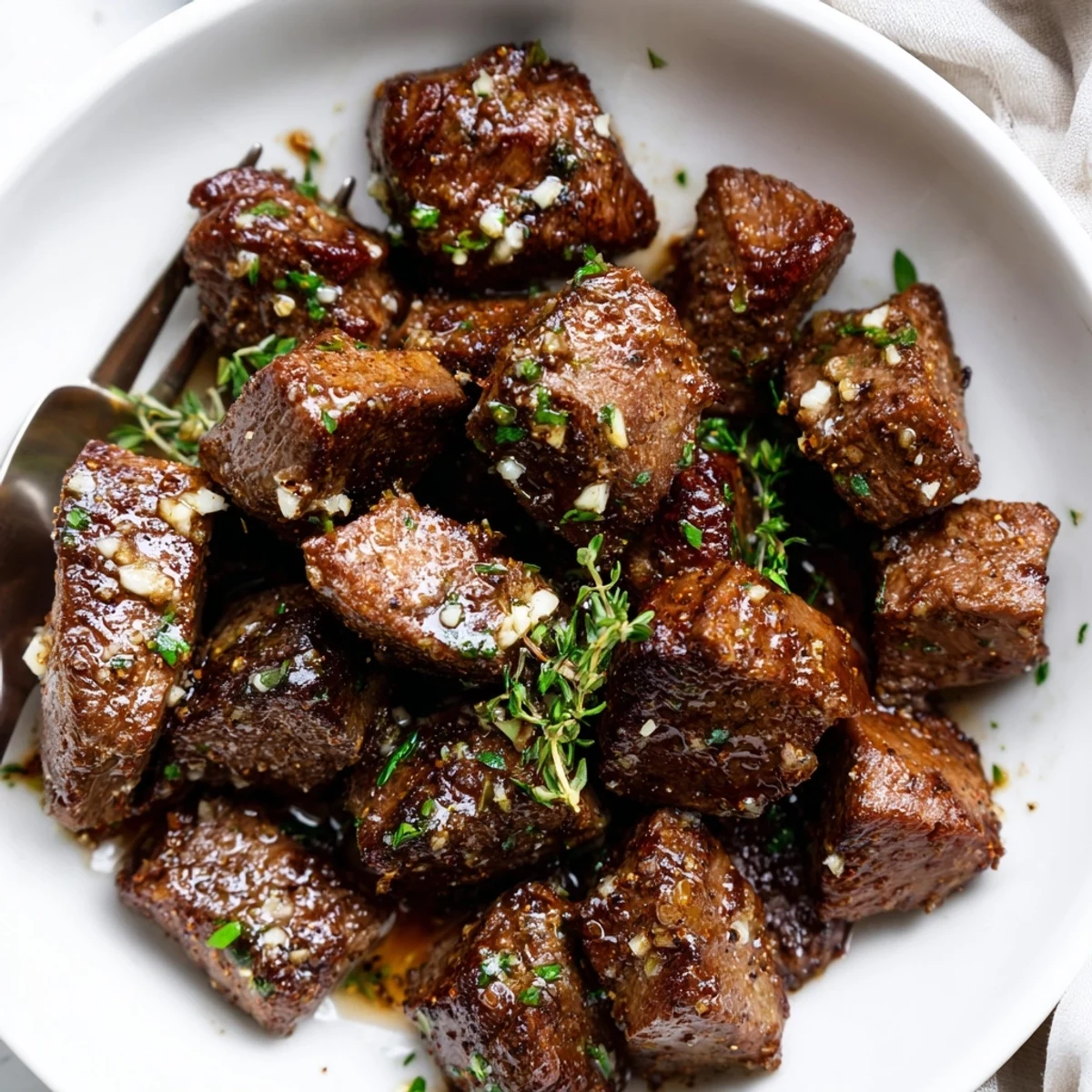 Pan seared Garlic Butter Steak Bites tossed with minced garlic, parsley, steaming juices