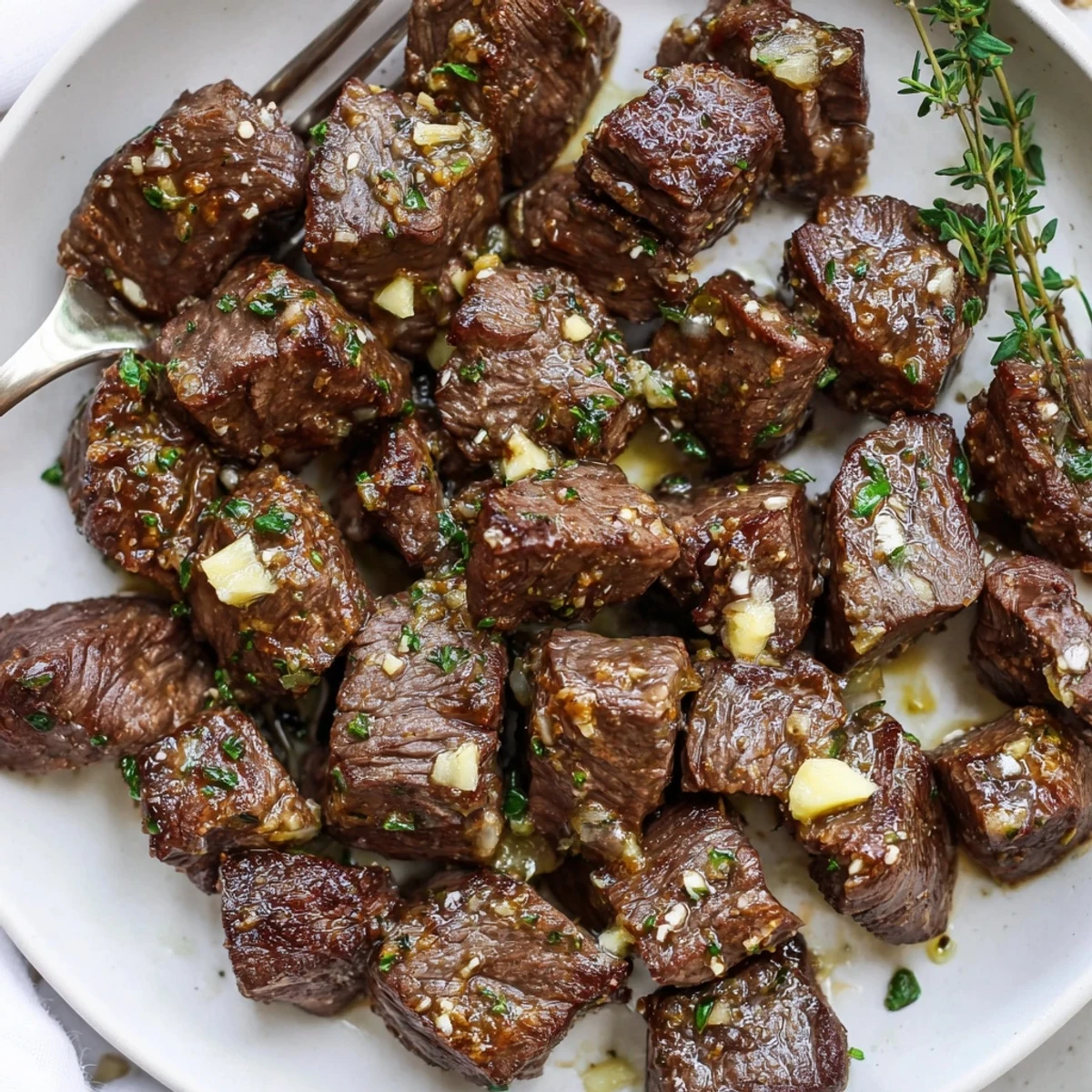 Dinner ready Garlic Butter Steak Bites served over mashed potatoes, flaky salt garnish