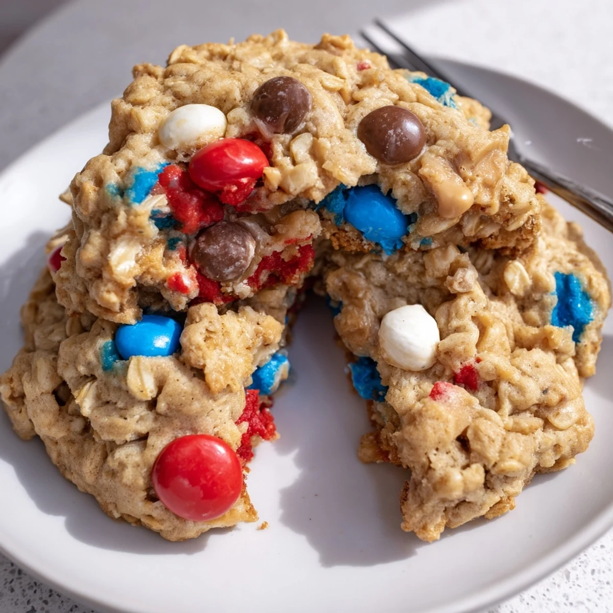 Patriotic Monster Cookies recipe: chewy oat cookies studded with red, white, blue candies