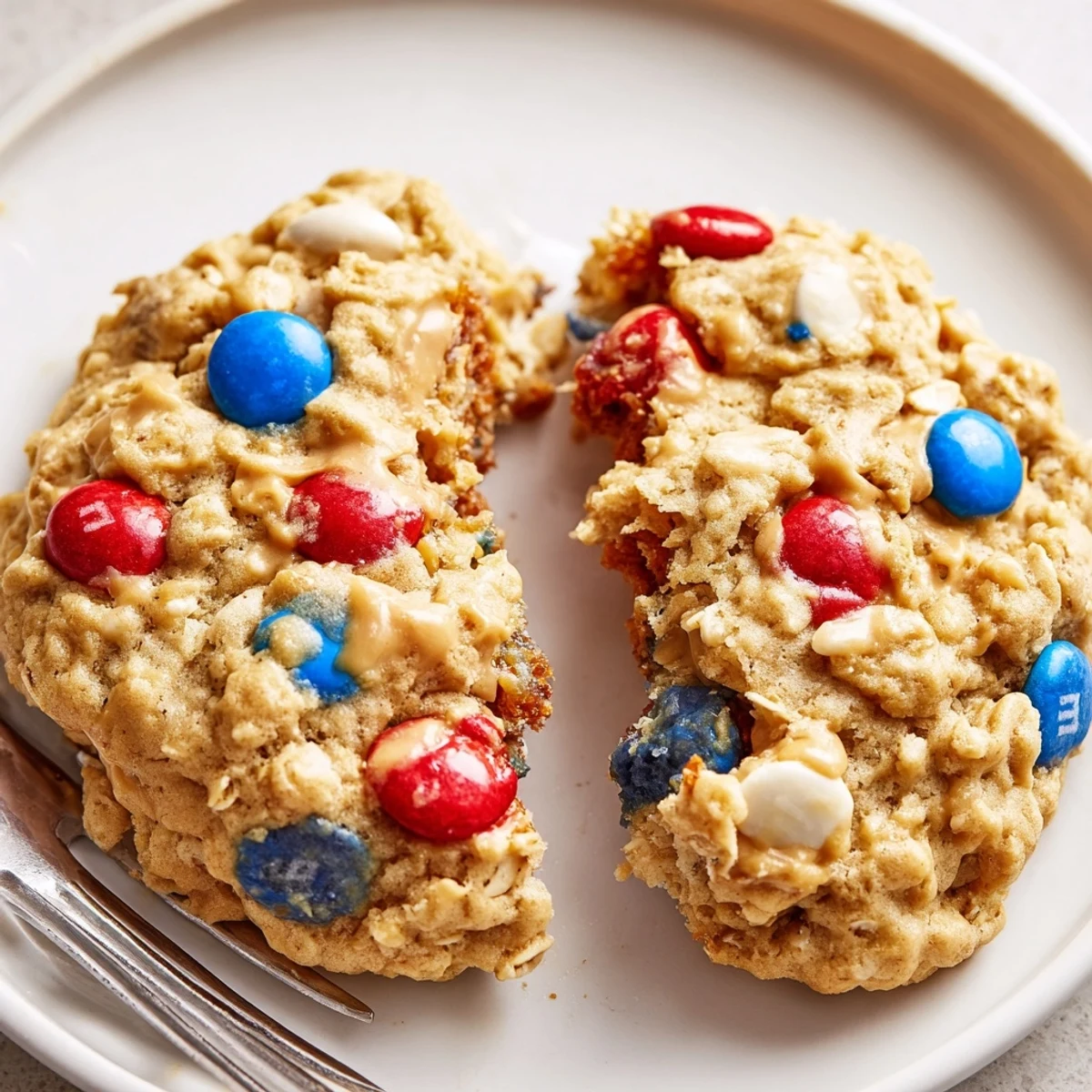 Warm Patriotic Monster Cookies on cooling rack, peanut butter aroma and melty chips