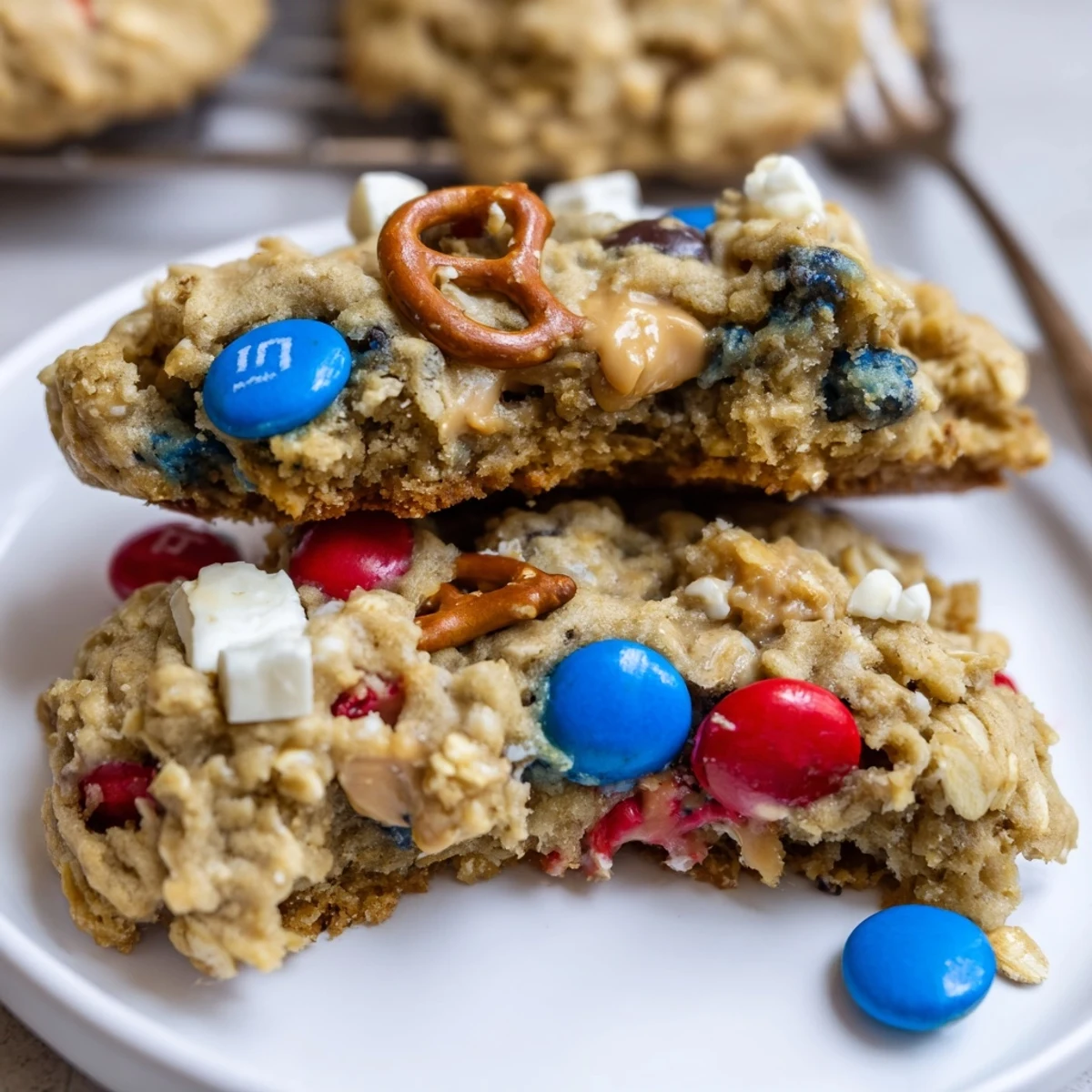 Stacked Patriotic Monster Cookies with crunchy pretzels, ideal for Fourth of July gatherings