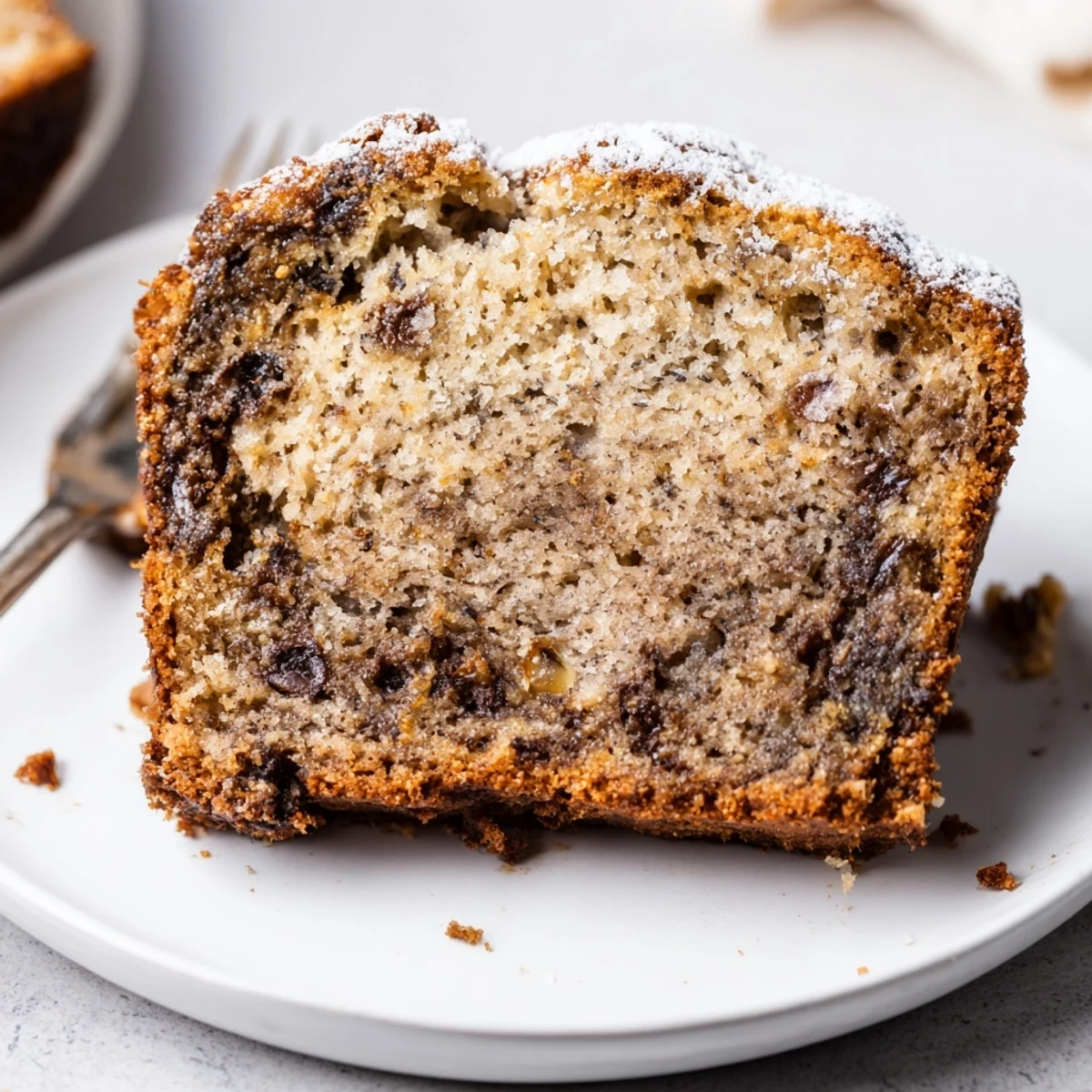 Sliced Banana Bread Cake served with melting vanilla ice cream and cinnamon
