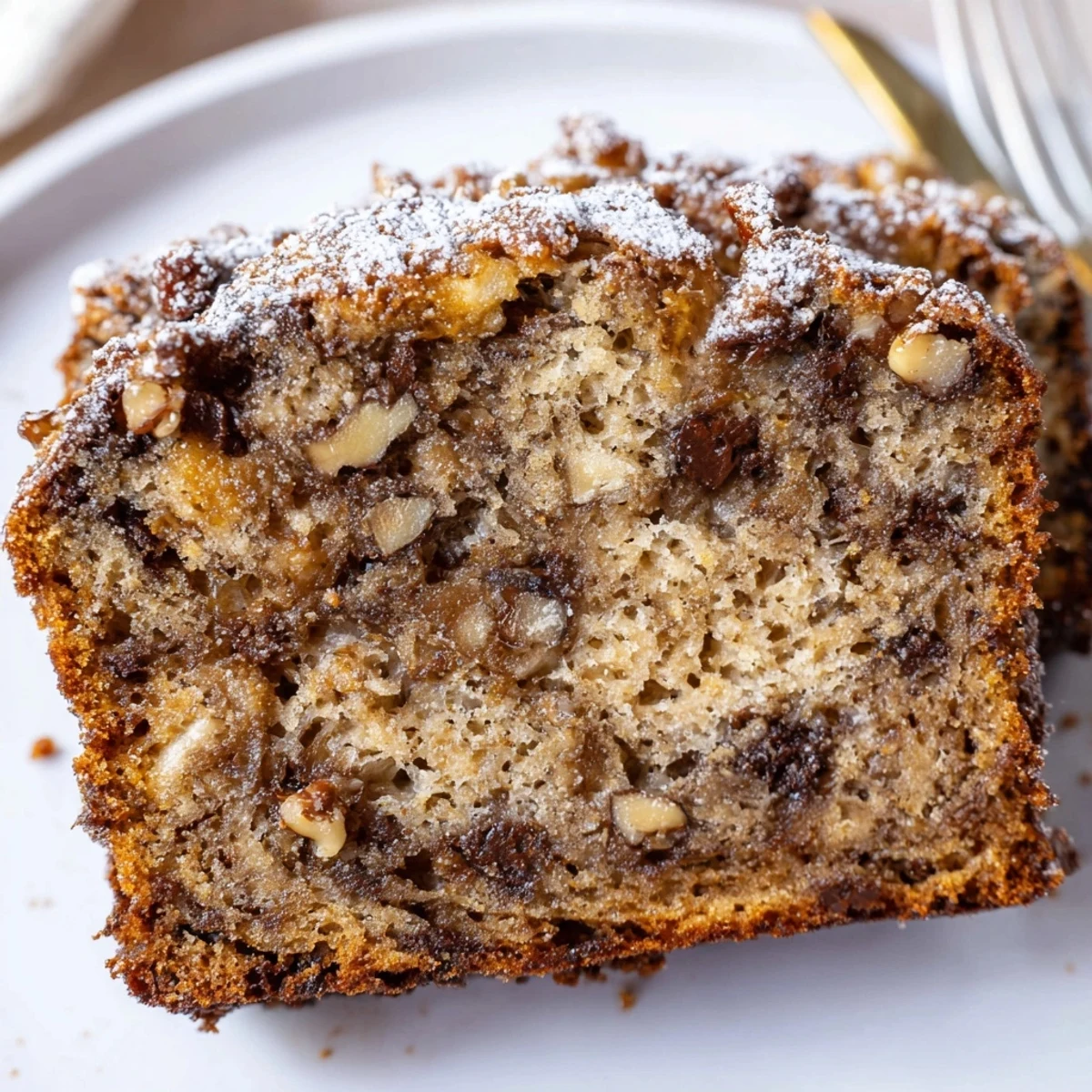 Rustic Banana Bread Cake studded with chocolate chips and toasted pecans